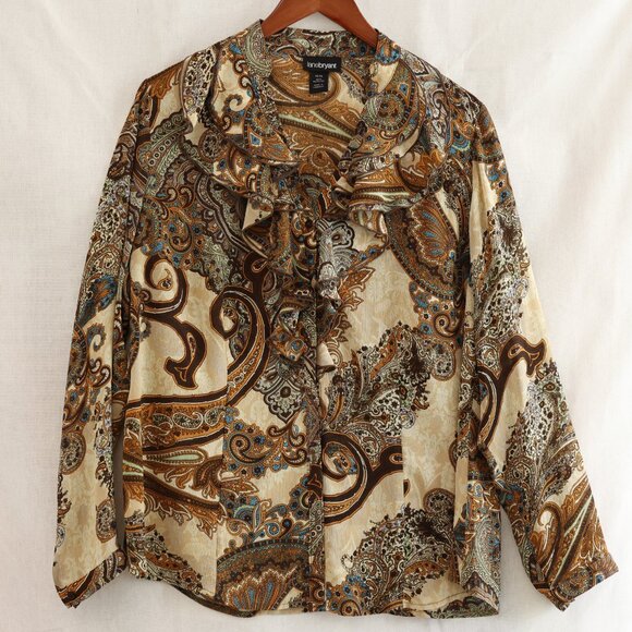 Women's Ruffle Top Paisley Blouse Brown Tan Chiffon Office Wear Dressy Casual - Picture 3 of 6